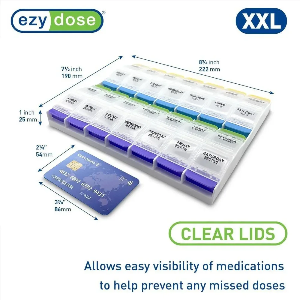 EZY DOSE Weekly (7-Day) Pill Case, Medicine Planner, Vitamin Organizer Box, XL